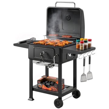 OUTSUNNY Žar na oglje z rešetko, posoda za oglje z nastavljivimi zračniki, prenosni voziček za BBQ s pokrovom, termometrom, stranskimi policami, dimnikom, kljukami, kolesi, za kampiranje, črna