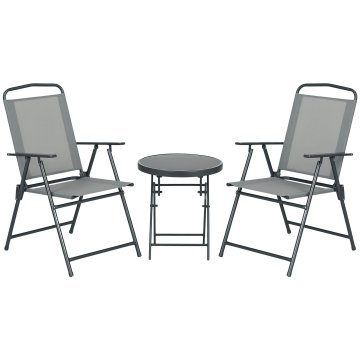 OUTSUNNY Vrtni set 3 delov z 2 vrtnima stoloma in okroglo mizo, zložljivi, kovinski in stekleni vrtni set miz in stolov, bistro set za teraso, dvorišče, zunanjost, svetlo siva