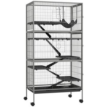 PAWHUT Kletka za male živali s 6 vhodi na več nivojih z visečo mrežo, kletka za glodavce, fretke, činčile iz kovine in PP, 80x52x159 cm, srebrna in siva
