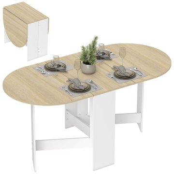 HOMCOM Zložljiva jedilna miza, 163x80 cm zložljiva pisalna miza za prihranek prostora z 2 ovalnimi preklopnimi ploščami za 6 oseb, kuhinjska miza s preklopno ploščo, idealna, dom, pisarno, barva lesa in bela