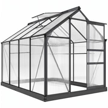 OUTSUNNY Vrtni rastlinjak iz polikarbonata z okvirjem iz aluminijeve zlitine 4.79m2, rastlinjak za vrt z žlebovi, strešno okno za prezračevanje, drsna vrata, za rastline, 190x252x201cm, siva