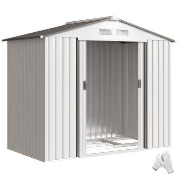 OUTSUNNY Vrtna hiška 2.5m² iz pocinkanega jekla z osnovo in zračnimi odprtinami, orodjarna s poševno streho, dvojna drsna vrata z zaklepanjem, 213x130x185 cm, srebrno bela