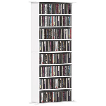 HOMCOM Prenosni CD nosilec z 6 nastavljivimi policami, leseni prostorvarčni regal za 360 CD/185 DVD, CD omarica z 8 predelki, za dnevno sobo spalnico pisarno, 58x24x126.3 cm, bela