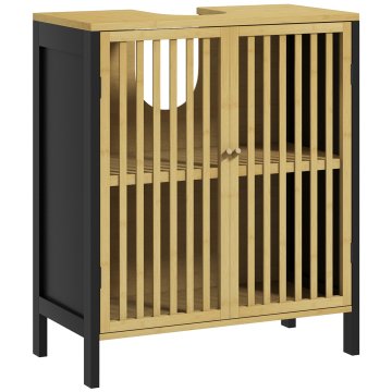 HOMCOM Podliniška kopalniška omara z 2 vratcama z letvicami, kopalniška omara iz bambusovega lesa in MDF z u-izrezom za cevi, 60x30x70cm, črna
