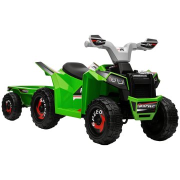 HOMCOM Električni quad za otroke s prikolico 6V, električni avto za otroke s pedalom, prestave naprej in nazaj, 2.5 km/h, za 18-36 mesecev, notranji in zunanji, zelena