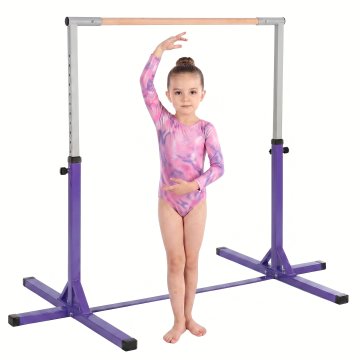 HOMCOM Palica za umetnostno gimnastiko za otroke 3+ let z nastavljivo višino 92-150 cm, iz jekla in masivnega bukovega lesa, vodoravna palica za ples, oprema za telovadnico proti zdrsu, vijolična