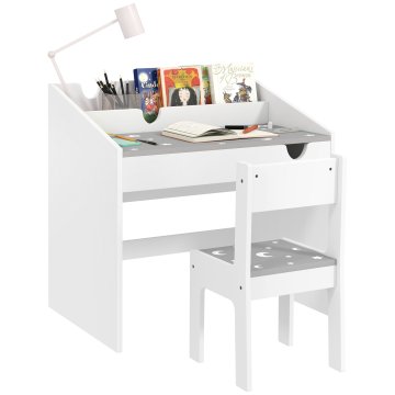AIYAPLAY Komplet stol in mizica za otroke 3-6 let z organizatorjem in izvlečnim predalom, pisalna miza za otroke in stol iz MDF sive barve, 69x50x75 cm in 30x32x58 cm