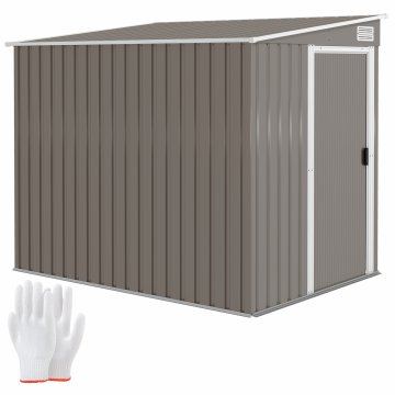 OUTSUNNY Vrtna hišica 2.81m² iz pocinkanega jekla s temeljnim kompletom, pritrjena orodjarna z nastavljivimi policami, kavlji, nagnjeno streho, odprtinami za zrak, drsnimi vrati svetlo sivimi