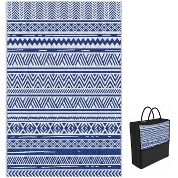 OUTSUNNY Zunanja preproga za balkon in teraso, preobrnljiva plastična preproga z geometrijskim vzorcem, odporna na UV žarke, za vrt, teraso, plažo, piknik 182x274 cm temno modra bela
