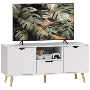 HOMCOM Prenosna TV omarica max 50" moderno z predalom, odprto polico in 2 omaricama, TV omarica s 5 nogami iz borovega lesa, 110x40x50 cm, bela