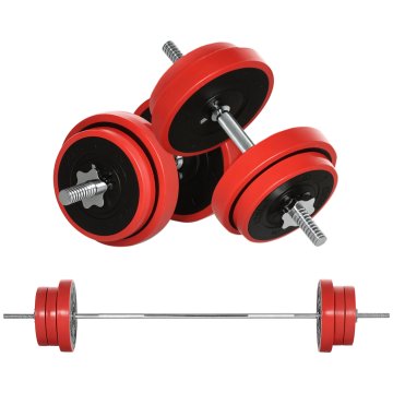 HOMCOM Nastavljive ročke 2 v 1 65kg kovinske, set palica z diski z nedrsečim ročajem, kot 2 ročki, palica za telovadnico, za fitnes vadbo doma, rdeča