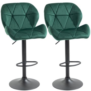 HOMCOM Komplet 2 bar stolčka, nastavljiva višina s kovinsko podlago in sedežem iz žameta, moderni kuhinjski stolčki z naslonom in opiralom za noge, 46x48x83-104cm, zelena