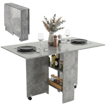 HOMCOM Zložljiva jedilna miza, kuhinjska miza na preklop s kolesi z zavoro za 4-6 oseb, zložljiva pisalna miza s policami, za dnevno sobo, 140x80x74 cm, cementno siva