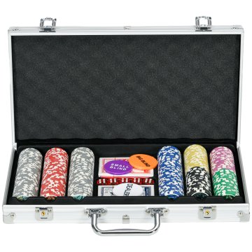 SPORTNOW Komplet poker žetonov, profesionalni poker komplet s 300 igralnimi žetoni 11.5g, 2 kompleta kart in 5 kock, poker komplet iz aluminija in poliestra, srebrna