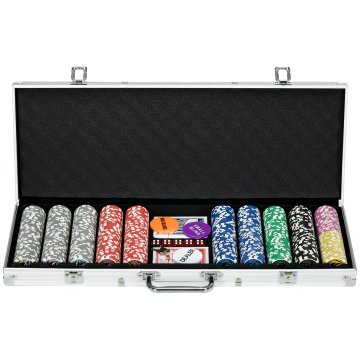SPORTNOW Set poker žetonov, profesionalni poker set s 500 igralnimi žetoni 11.5g, 2 špila kart in 5 kock, poker set iz aluminija in poliestra, srebrna
