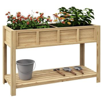 OUTSUNNY Dvignjena greda z 2 predelkoma in spodnja letvena polica, dvignjena zunanja gredica iz jelke z 2 drenažnima luknjama, 115x46x75 cm, barva lesa