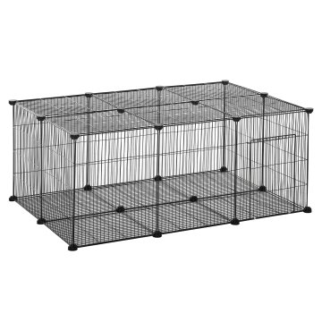 PAWHUT Kletka za kunce in male živali, 22 modularnih kovinskih panelov z vrati, črna, 105 x 70 x 45cm