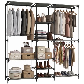 HOMCOM Omara iz blaga za prihranek prostora, lahka garderoba s 3 palicami za obešanje, 5 policami, jeklena konstrukcija, 182x43x182 cm, za spalnico, črna
