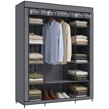 HOMCOM Omara iz tkanine za prihranek prostora, garderoba s palico za obesanje, 11 polic IN prevleka, jeklena konstrukcija, 135x45x175 cm, za spalnico, siva