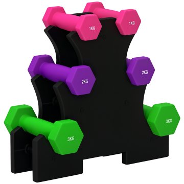 SPORTNOW Komplet bučic za telovadnico z nosilcem, 2x1 kg, 2x2 kg, 2x3 kg, šestkotne bučice za telovadnico v kovini z ročajem, vadba fitnes doma, večbarvni
