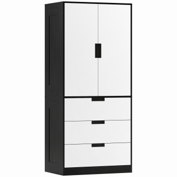HOMCOM Omara za spalnico 2 vrata s tiho zapiralom in 3 predali, omara garderobna prostorsko varčna večnamenska s palico za obešanje, moderna za spalnico shrambo, 80x50x180 cm, bela in črna
