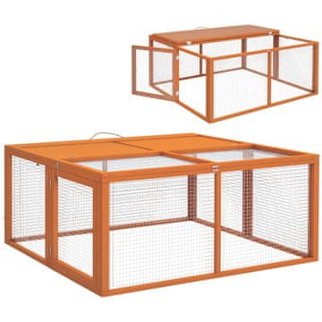 PAWHUT Zložljiva kunčja hišica za 2-3 glodavce z več vhodi, kletka za zajce iz lesa in jekla, 110x105x50 cm, oranžna