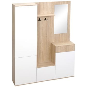 HOMCOM Vhodni obešalnik 4 v 1 z ogledalom, kavlji in notranje nastavljive police, večnamenska vhodna omara iz lesa s predalom, 145x29x184 cm, naravni les in bela