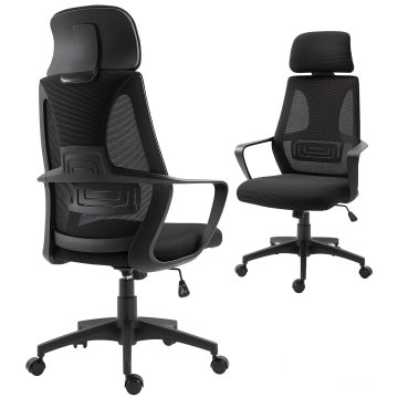 VINSETTO Ergonomski pisarniški stol z nastavljivimi nasloni za roke in nastavljivim vzglavnikom, vrtljivi pisarniški stol z ledveno podporo, nastavljiva višina in funkcija zibanja v tkanini za študij, črn
