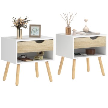 HOMCOM Set 2 modernih nočnih omaric s predalom in polico, dvignjeno podnožje in lesene noge, 50x39x51cm, bela in hrast