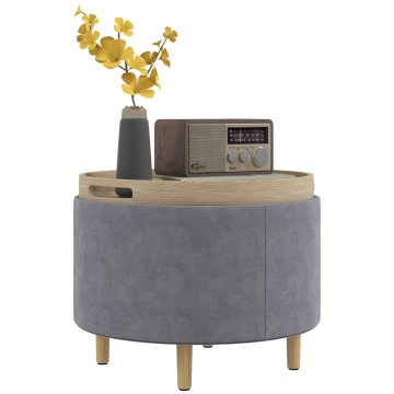 HOMCOM Shranjevalni puf iz tkanine sherpa do 120 kg max s pladnjem na preklop, mizica za kavo iz MDF in bukve s skritim prostorom, 56x56x42 cm, siva