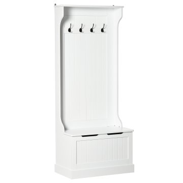 HOMCOM Moderen talni obešalnik 3 v 1 s 4 kljukami, shranjevalna klop IN obešalnik, prostorsko varčno pohištvo za vhod, hodnik IN spalnico, leseno, 71.5x39.5x170 cm, bela