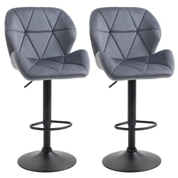 HOMCOM Set 2 barska stola z nastavljivo višino, podstavkom iz kovine, sedežem iz žameta, visoka vrtljiva kuhinjska stola z naslonom in podnožko, 51.5x57.5x93-114.5cm, siva