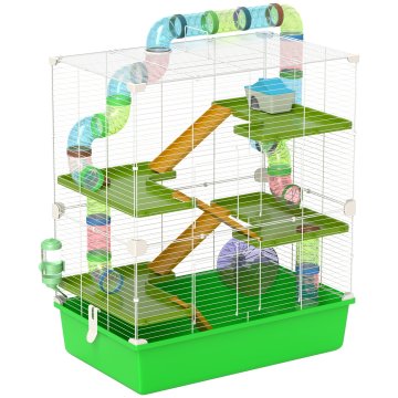 PAWHUT Kletka za hrčke v 5 nivojih s cevmi, hišico, posodo za vodo, rampami, skledo, platformami in kolesom, kletka za glodavce z 2 jeklenima ročajema, PP in PS, 59x36x69 cm, zelena