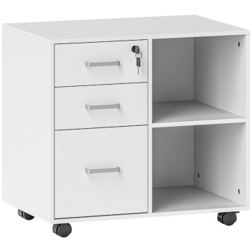 HOMCOM Pisarniška omara za dokumente s 3 predali, pisarniško pohištvo iz lesa s kolesi, 2 predela in predal s ključavnico in ključi, za delovno sobo, 60x40x56 cm, bela