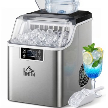 HOMCOM Aparat za led 20kg v 24 urah, ročno polnjenje ali s steklenico, 24 kock v 14-18 minutah z lopatico, nastavljiva velikost, rezervoar 3.2l in samodejni čistilni sistem, srebrn