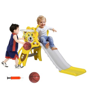AIYAPLAY Tobogan za otroke 18-36 mesecev z bočnim košem za košarko, tobogan iz plastike, 131x50x74 cm, rumena in siva