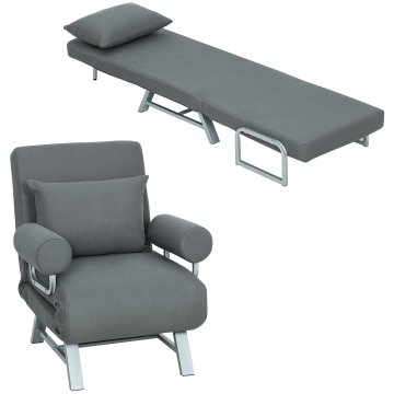HOMCOM Poltrona letto 3 in 1 con schienale reclinabile su 5 livelli e cuscino extra, poltrona moderna in tessuto effetto lino e metallo, 73x78x81 cm, grigio scuro