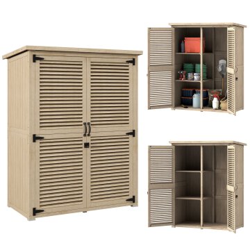OUTSUNNY Vrtna omara za shranjevanje z 2 policama z količki, lesene vrtne hišice iz smrekovega lesa z nepremočljivo asfaltno streho, 127x65x159.5/168 cm, barva lesa