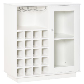 HOMCOM Mobilni nosilec steklenic z držalom za kozarce in omarico, nosilec vina za 20 steklenic, stojalo za steklenice s steklenimi vrati, 80x36x85 cm, bela