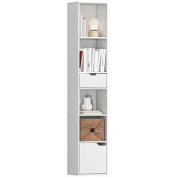 HOMCOM Knjižni regal s 6 nivoji, vertikalni prostorsko varčni regal z omarico, nastavljiva polica in predal, za dnevno sobo, spalnico, pisarno, delovno sobo, 30x24x158 cm, bela