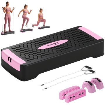 SPORTNOW Stepper fitnes nastavljiv na 2 stopnjah, višina 11/16 cm, step fitnes z 2 trakovi za upor za trening doma v telovadnici, za moške in ženske, nosilnost 120 kg, roza in črna