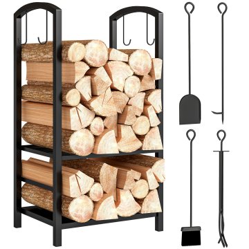 OUTSUNNY Notranje in zunanje dvižno stojalo za drva z 2 policama, kovinsko stojalo za kurilna drva z lopatko, metlo, železnim kavljem in kleščami, nosilnost 100 kg, 40x30x74.5 cm, črno