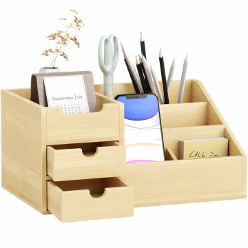 HOMCOM Organizator pisalna miza iz bambusa, večnamenski organizator s 2 predaloma in 7 predelki za shranjevanje, organizator za pisarno, 33x20.5x15.5 cm