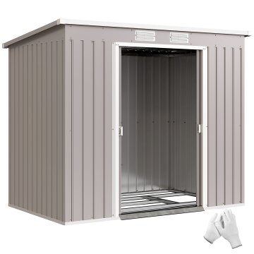 OUTSUNNY Vrtna hišica 2.42m² iz pocinkanega jekla z temeljnim kompletom, zračniki, orodjarno z dvojnimi drsnimi vrati zaklenljivimi, poševna streha, 213x130x172 cm, siva