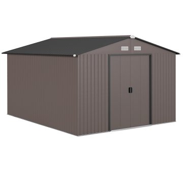 OUTSUNNY Vrtna hišica 8.3m² v pocinkanem jeklu s kompletom temeljev, zračniki, vrtna lopa s poševno streho, dvojna drsna vrata z zaklepom, lopa za orodje, rjava