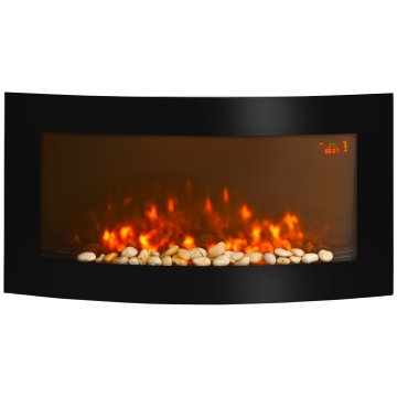 HOMCOM Stenski električni kamin 1000/2000W z LED lučjo s 7 barvami, nastavljiva svetlost, električni kamin s temperaturo 15-30°C, daljinski upravljalnik, termostat in časovnik, črna