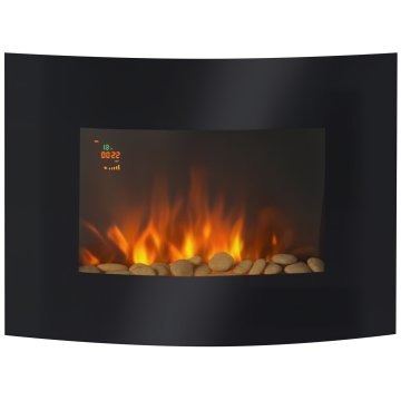 HOMCOM Stenski električni kamin 900/1800W regulabilni 3D ognjeni učinek grelnik, električni kaminček LED luč 7 barv, daljinski upravljalnik, zaščita pred pregrevanjem, časovnik, termostat, 30m2