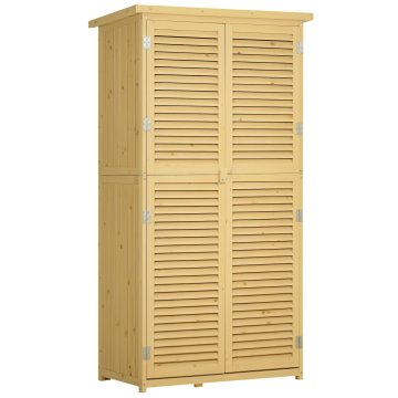 OUTSUNNY Vrtna lopa za orodje iz smreke in bora z 4 predelki, zunanja omara za vrtno orodje z nepremočljivo streho, 87x46.5x160 cm, barva lesa