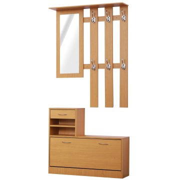 HOMCOM Moderni vhodni pohištveni komplet s čevljarjem in ogledalom, obešalnik za vhod s 6 kavlji, 2 nastavljivi polici in lesena predala za hodnik, 90x24x166 cm, les
