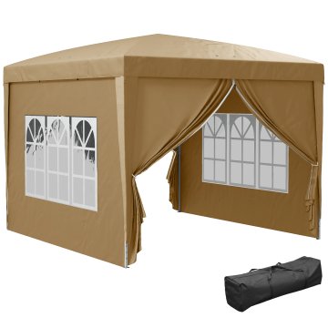 OUTSUNNY Zložljiv gazebo 3x3 pop up s 2 vrata in 2 okna, 4 stranski paneli in torba za prevoz, zunanji gazebo iz jekla in oxford tkanine, za vrt, zabave, kampiranje, kaki